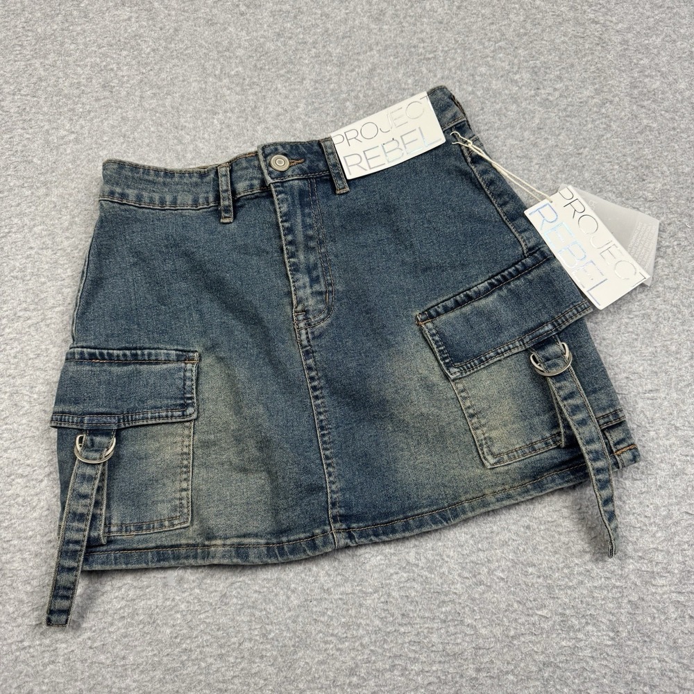 Project Rebel Denim Mini Skirt Small Cargo Pockets Buckles Quirky Boho Casual